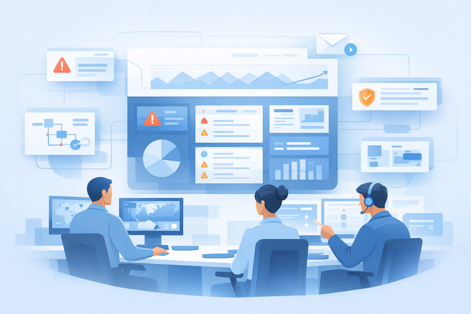 Create a clean and modern illustration representing realworld security operations experience in a SOC environmentVisual elementsA central dashboard or Create a clean and modern illustration representing realworld security operations experience in a SOC environmentVisual elementsA central dashboard or