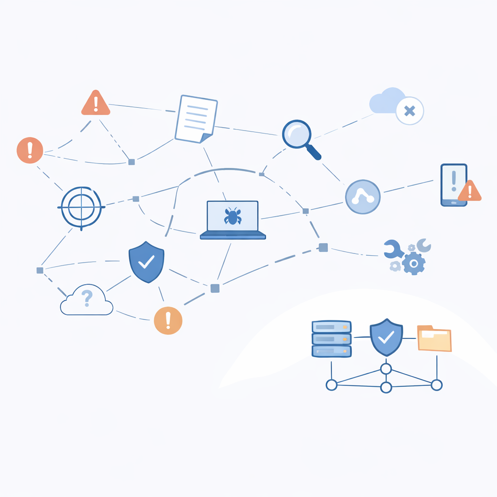 Create a clean minimalist illustration representing the challenges of unstructured security operationsThe composition should subtly contrast disorgani-1
